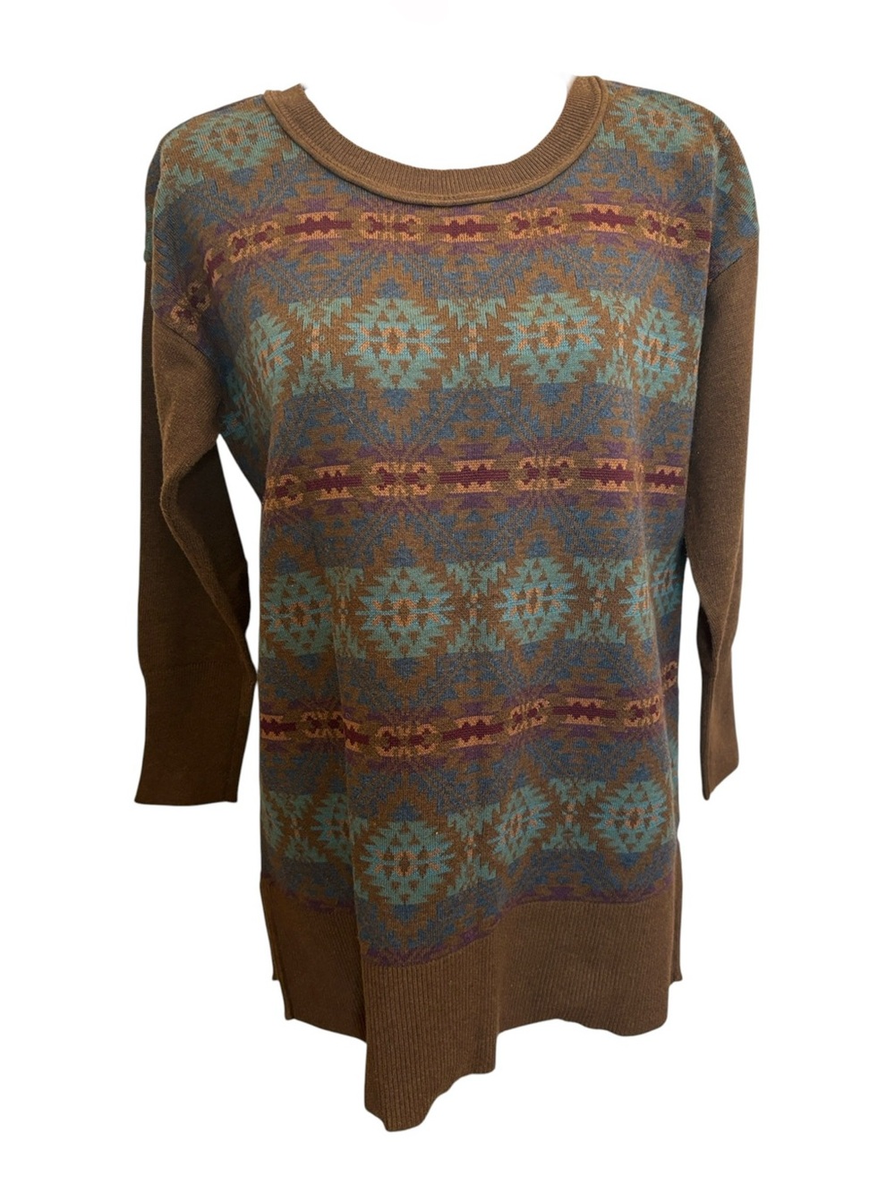 Peruvian Connection Southwest Design 3/4 Sleeve Pima Cotton Tunic Sweater Size M